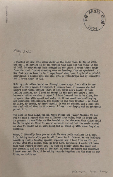 Lizzy McAlpine Angel vinyl 2LP printed letter insert from Lizzy