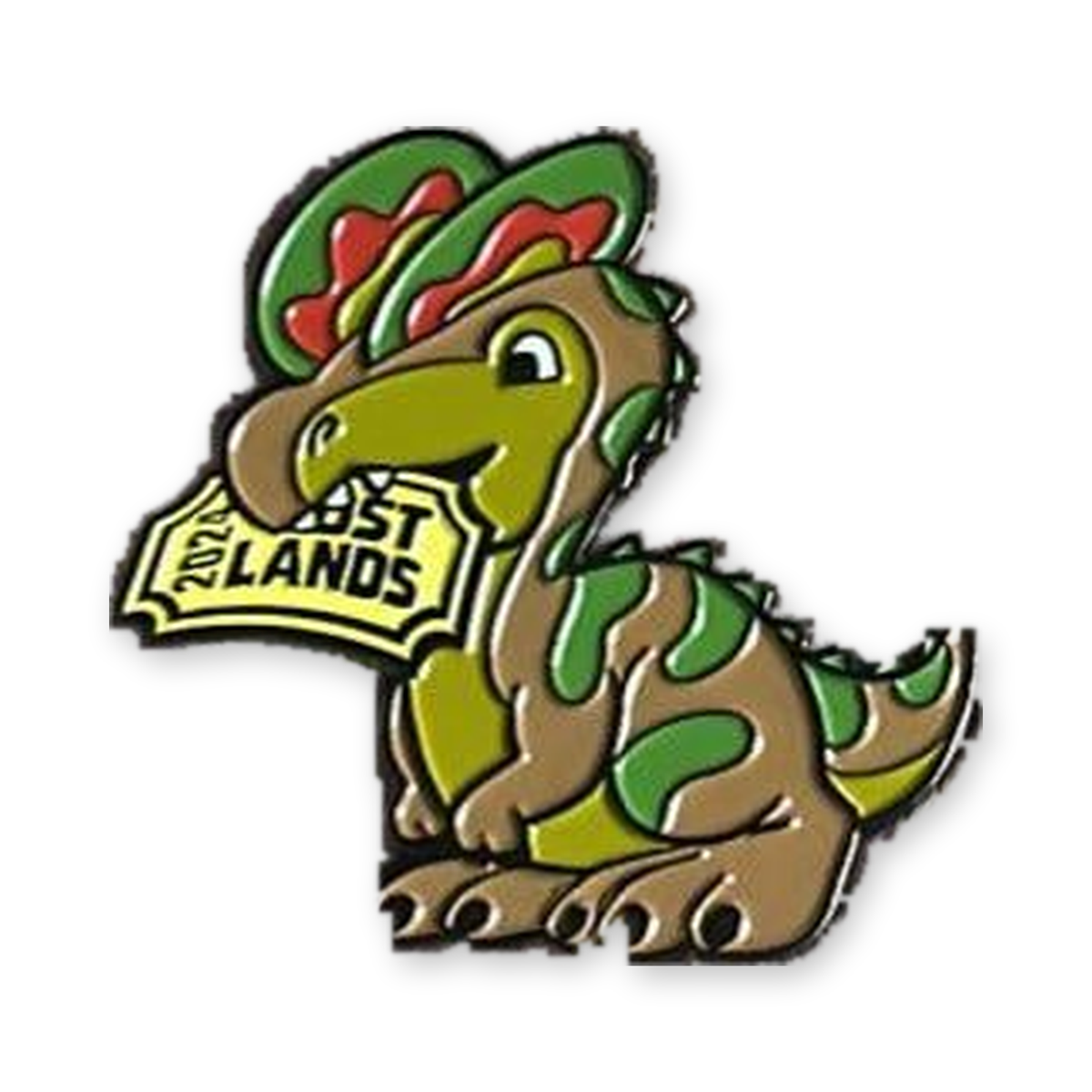 Lost Lands 2024 prize enamel pin, dinosaur holding a Lost Lands ticket