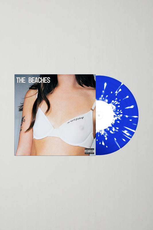 The Beaches No Hard Feelings limited edition blue and white splatter vinyl LP mockup with cover