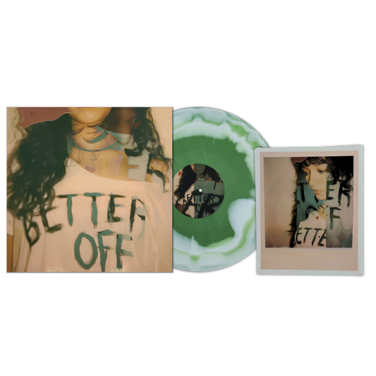 Esha Tewari Better Off limited edition green, white smash 12" vinyl EP mockup with Polaroid 7"