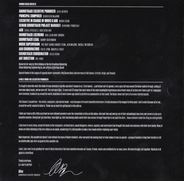 Various Arcane League of Legends Season Two Soundtrack CD booklet credits and producer note