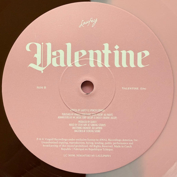 Laufey Valentine (Live) heart-shaped 7" vinyl single, side B label
