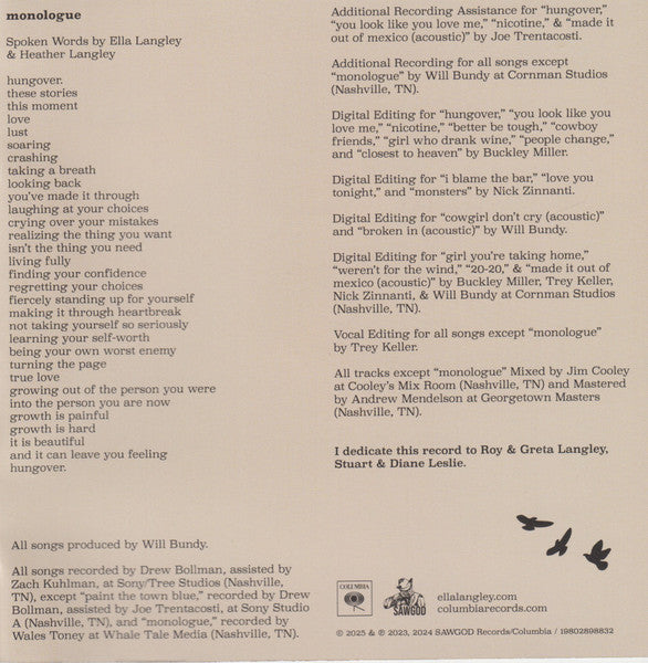 Ella Langley Still Hungover CD booklet credits page
