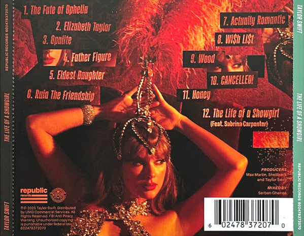 Taylor Swift The Life Of A Showgirl CD back cover with tracklist and barcode