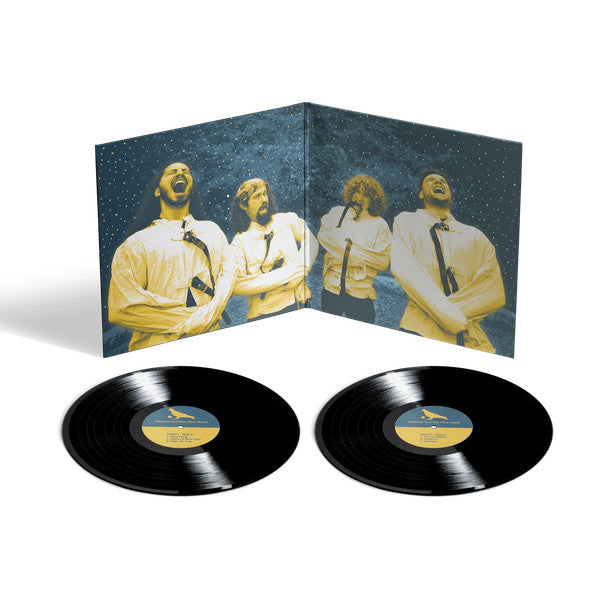 Pigeons Playing Ping Pong Presto vinyl 2LP gatefold spread with band photo, mockup