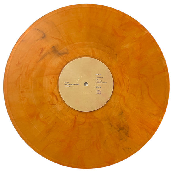 Tems For Broken Ears limited edition orange, black smoke vinyl LP and label