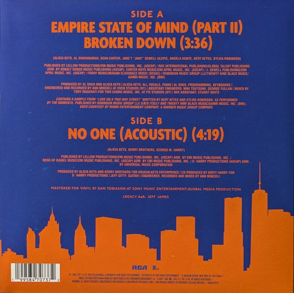 Alicia Keys : Empire State Of Mind (Part II) Broken Down / No One (Acoustic) (7", Ora)