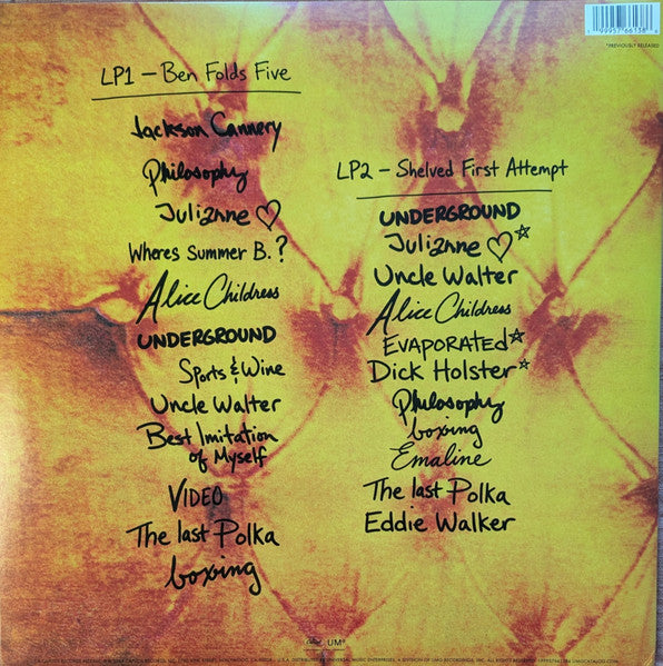 Ben Folds Five "30th Anniversary" vinyl 2LP back cover with handwritten-style tracklist