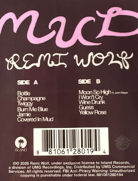 Remi Wolf Mud picture disc vinyl LP back sticker with tracklist and barcode