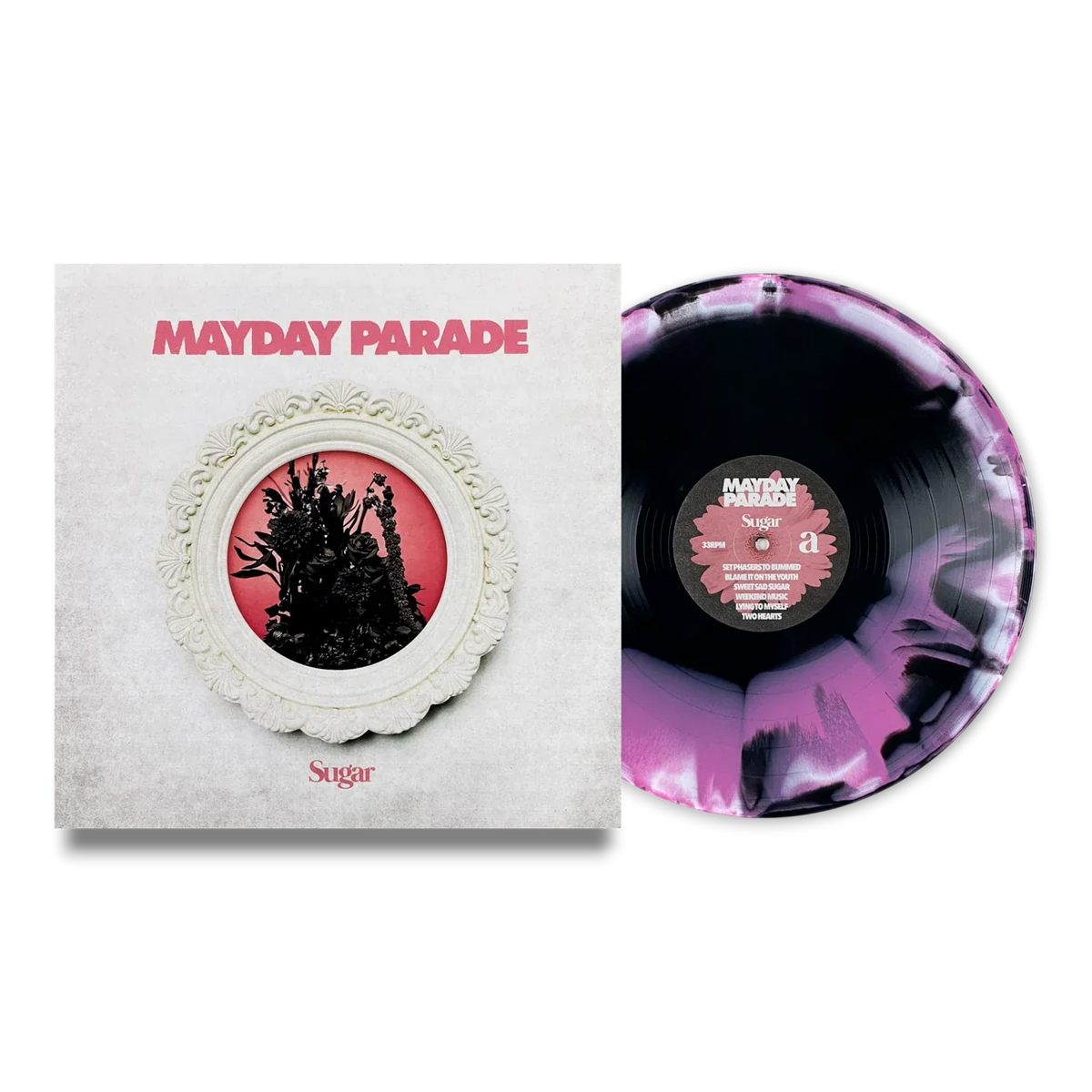 Mayday Parade Sugar limited edition white black pink A/B vinyl LP mockup