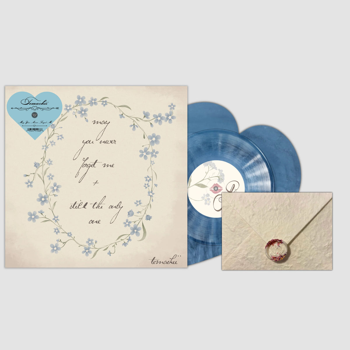 Temachii May You Never Forget Me limited edition Blue Eyes Swirl heart-shaped 7" vinyl single mockup