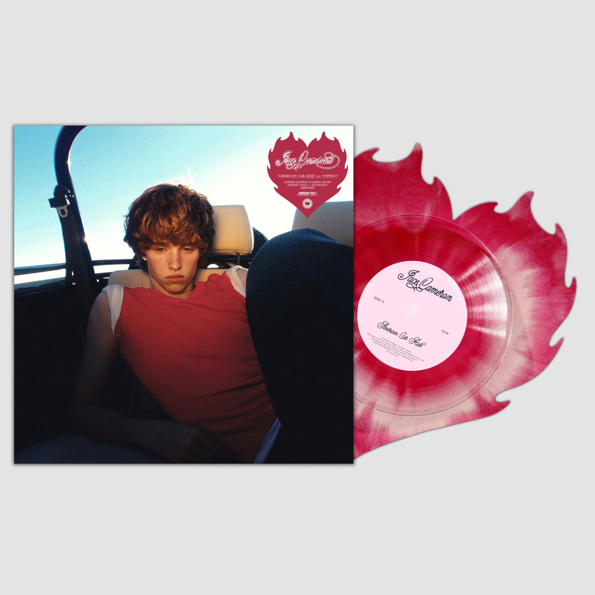 Jace Cameron American Car Ride / Super 8 limited edition Sunburst flaming heart-shaped 10" single mockup