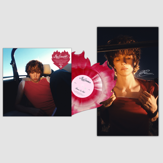 Jace Cameron American Car Ride / Super 8 signed limited edition Sunburst heart-shaped 10" vinyl with signed poster mockup