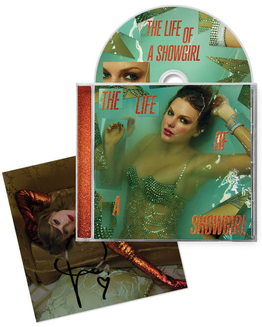 SIGNED Taylor Swift The Life Of A Showgirl CD with hand signed photo 2 mockup