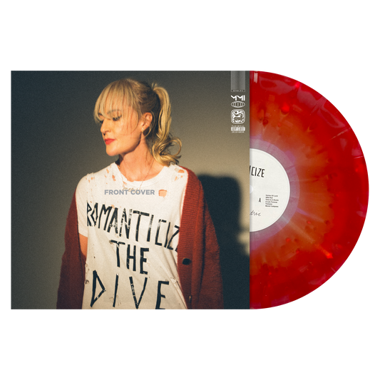 Metric Romanticize The Dive limited edition red, silver and green smash vinyl LP mockup with cover