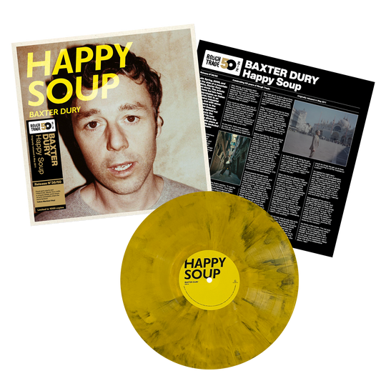 Baxter Dury Happy Soup Rough Trade 50 limited edition yellow marbled vinyl LP mockup