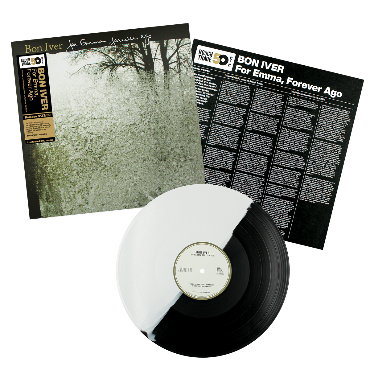 Bon Iver For Emma, Forever Ago Rough Trade 50 limited edition black, white split vinyl LP mockup