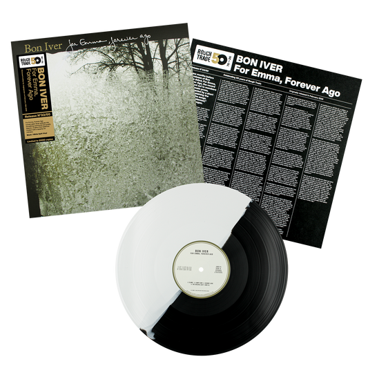 Bon Iver For Emma, Forever Ago Rough Trade 50 limited edition black, white split vinyl LP mockup