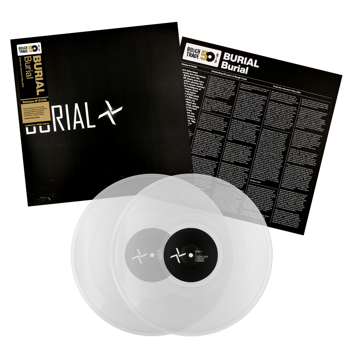 Burial Burial Rough Trade 50 limited edition crystal clear vinyl 2LP mockup
