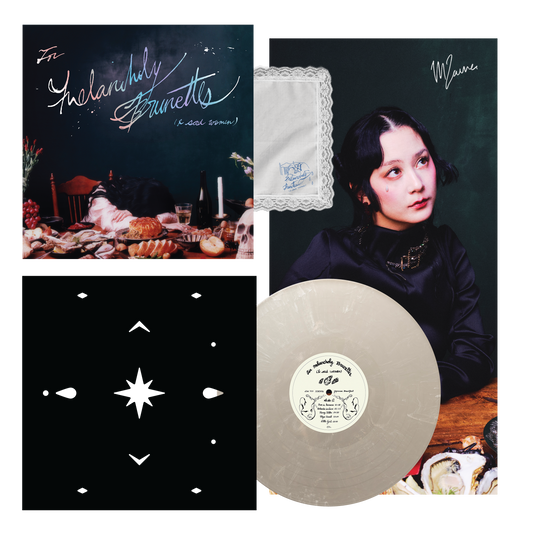 Japanese Breakfast For Melancholy Brunettes (& Sad Women) deluxe frosted white silver vinyl LP mockup with signed poster
