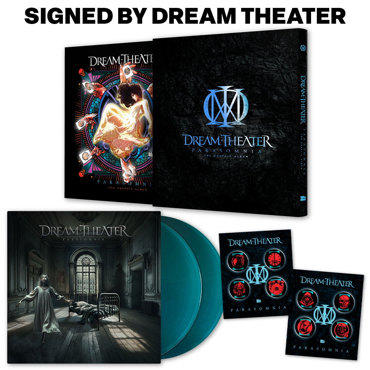 SIGNED Dream Theater - Parasomnia: The Graphic Album (Platinum Hardcover Edition) + Sea Blue Vinyl Record 2LP Set
