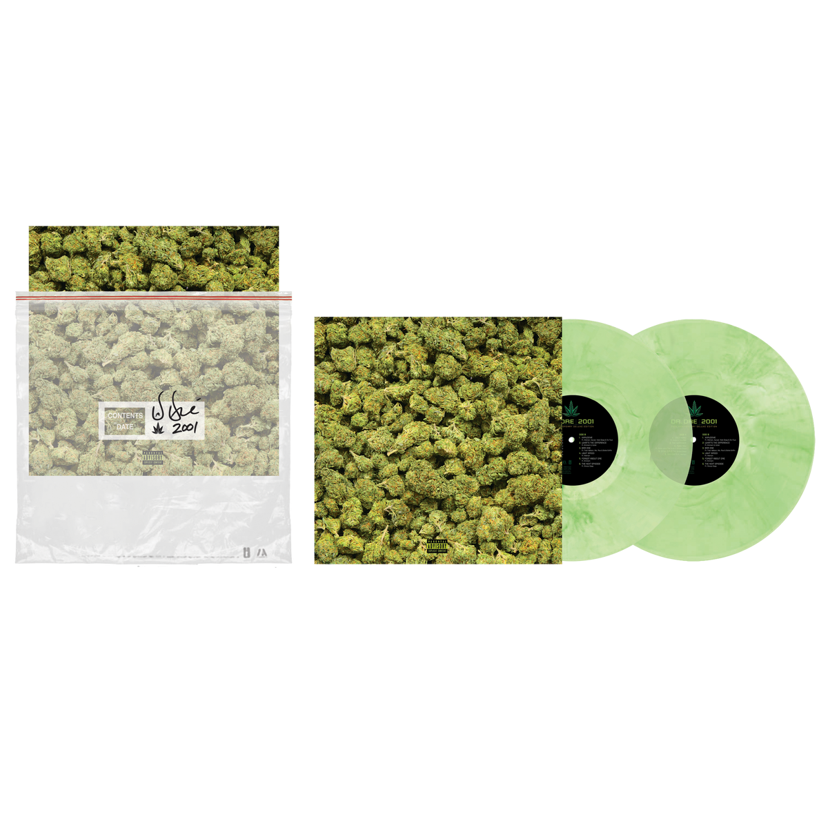 Dr. Dre 2001 limited edition green marble vinyl 2LP mockup with zip bag sleeve