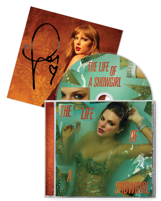 SIGNED Taylor Swift The Life Of A Showgirl CD with hand signed photo 3 mockup