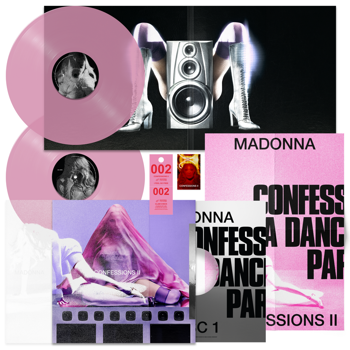 Madonna Confessions II deluxe 2LP set contents with pink vinyl, poster and inserts