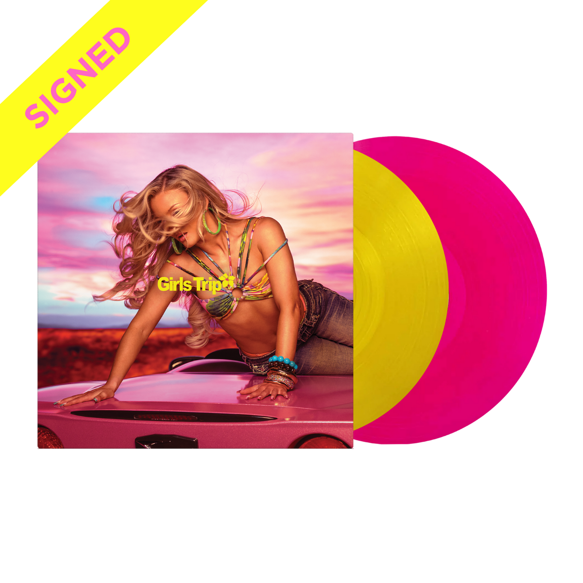 SIGNED Zara Larsson Midnight Sun: Girls Trip golden yellow fuchsia vinyl 2LP signed mockup