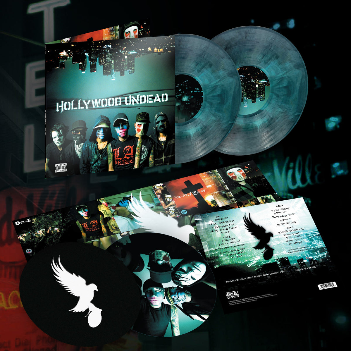 Hollywood Undead Swan Songs deluxe IVC exclusive limited edition galaxy vinyl 2LP mockup with slipmat