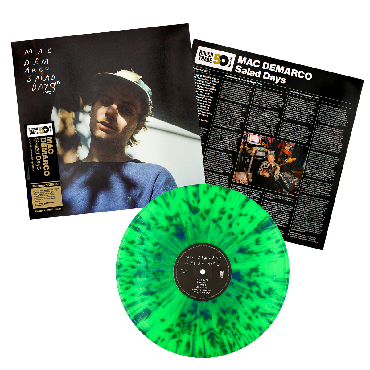 Mac DeMarco Salad Days Rough Trade 50 limited edition neon green, dark blue splatter vinyl LP mockup