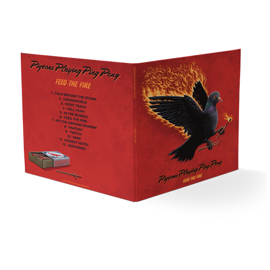Pigeons Playing Ping Pong Feed The Fire vinyl 2LP gatefold jacket mockup, front and back with tracklist