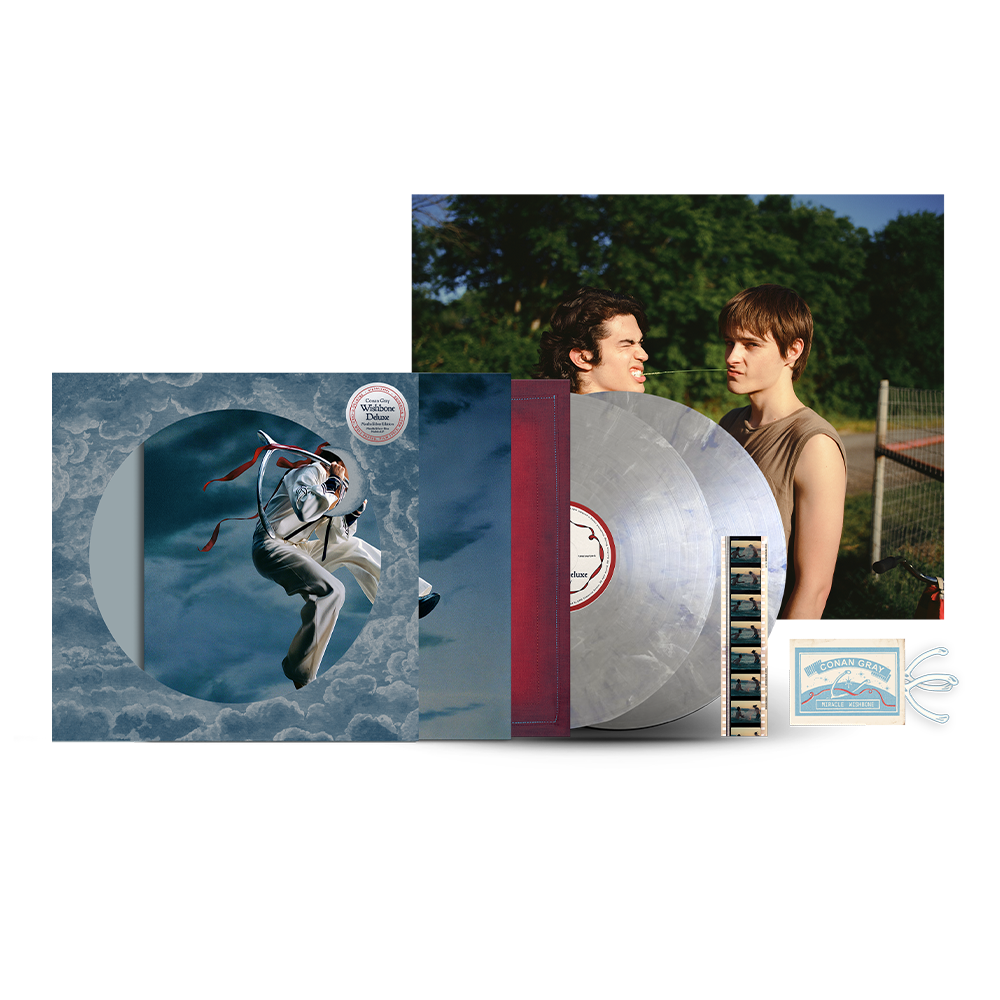 Conan Gray Wishbone Deluxe Moths Silver vinyl 2LP mockup with poster, film strip and magic wishbone