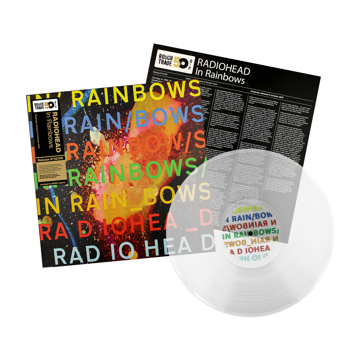 Radiohead In Rainbows Rough Trade 50 limited edition clear EcoSonic vinyl LP mockup