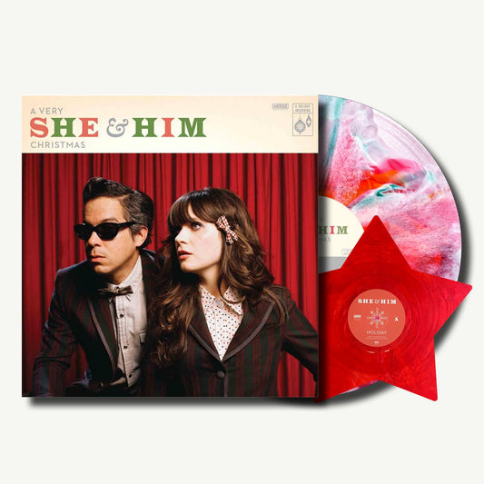 She & Him A Very She & Him Christmas limited edition rainbow smush vinyl LP and star-shaped single set mockup