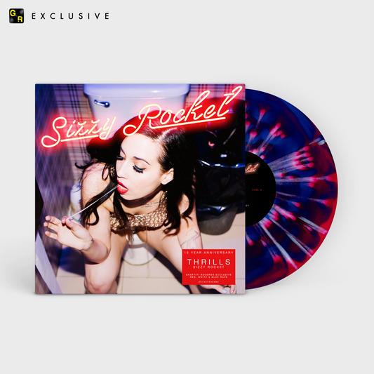 Sizzy Rocket Thrills 10 year anniversary limited edition red white blue rave splatter vinyl LP mockup