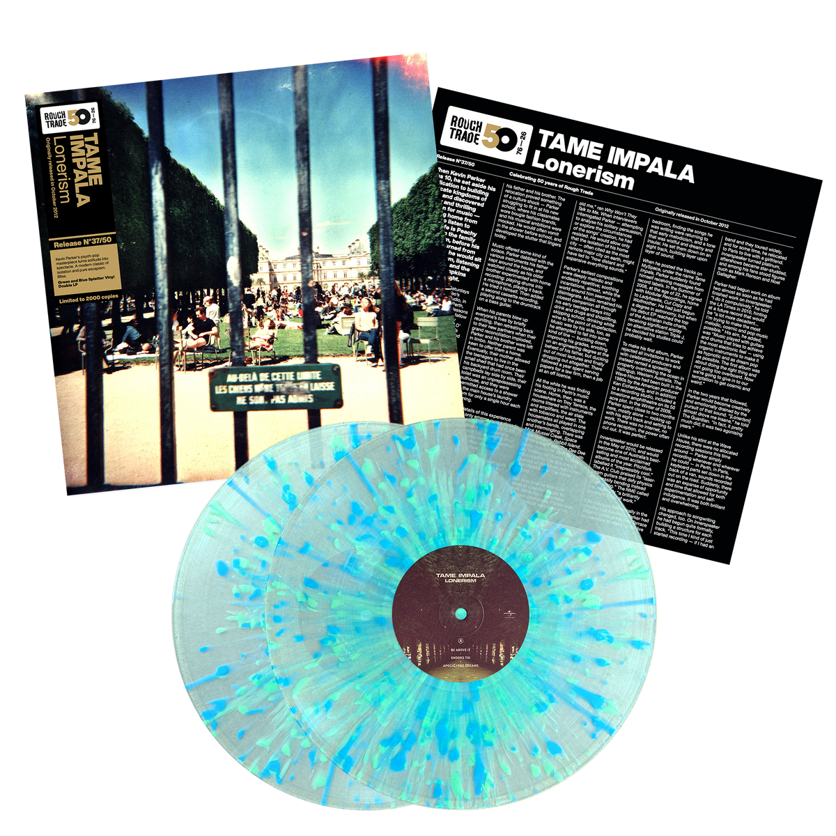 Tame Impala Lonerism Rough Trade 50 limited edition green, blue splatter 2LP vinyl mockup