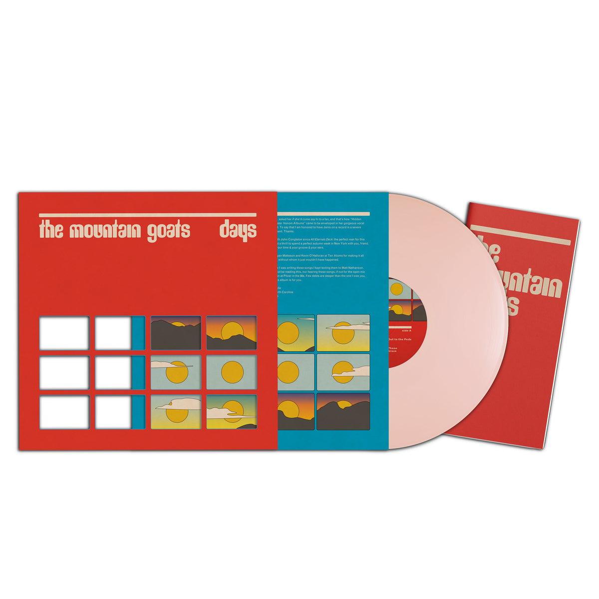 The Mountain Goats Days limited edition Robert Lynd Pink vinyl LP deluxe mockup with cover and booklet