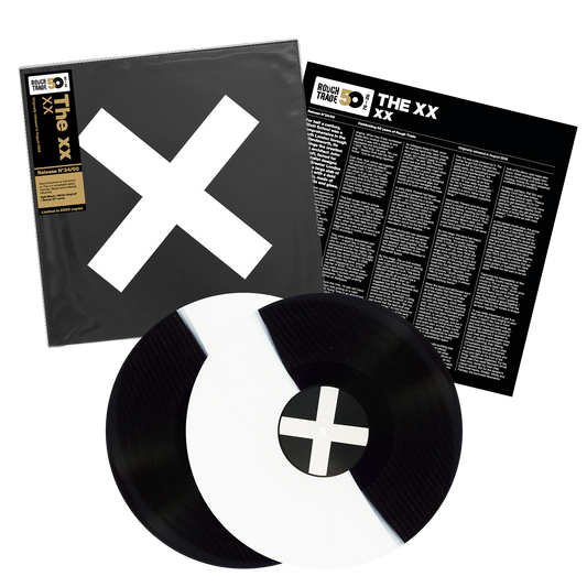 The xx xx Rough Trade 50 limited edition white, black split vinyl LP + 12" set mockup