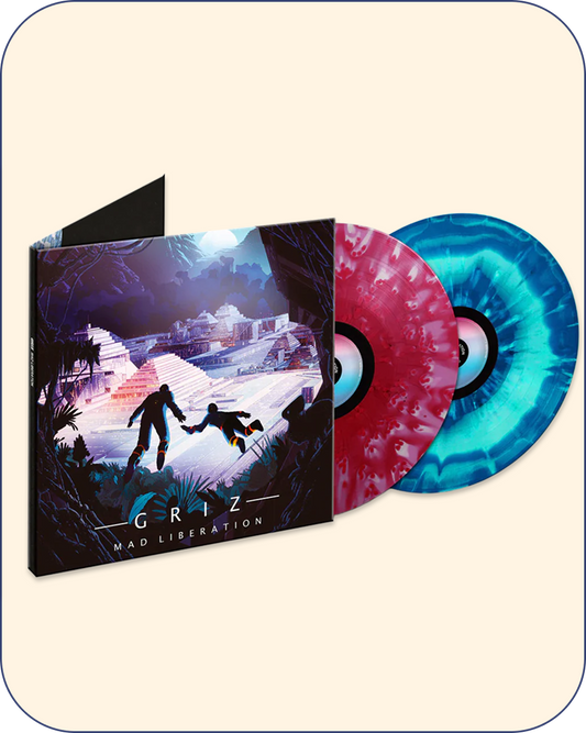 GRiZ Mad Liberation limited edition blue cloud + red marble vinyl 2LP mockup with gatefold cover