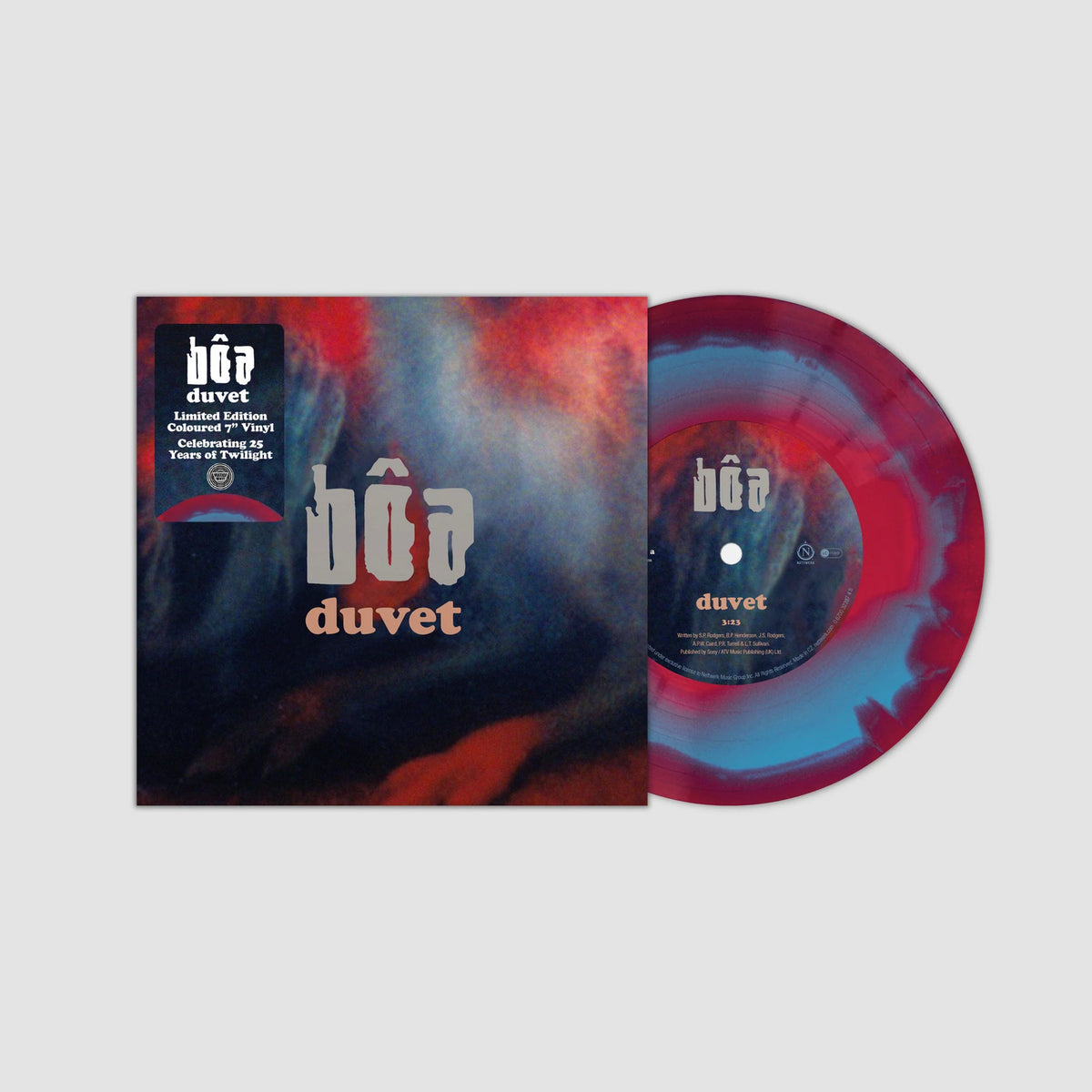 bôa Duvet limited edition red, blue smash 7" vinyl single mockup with picture sleeve