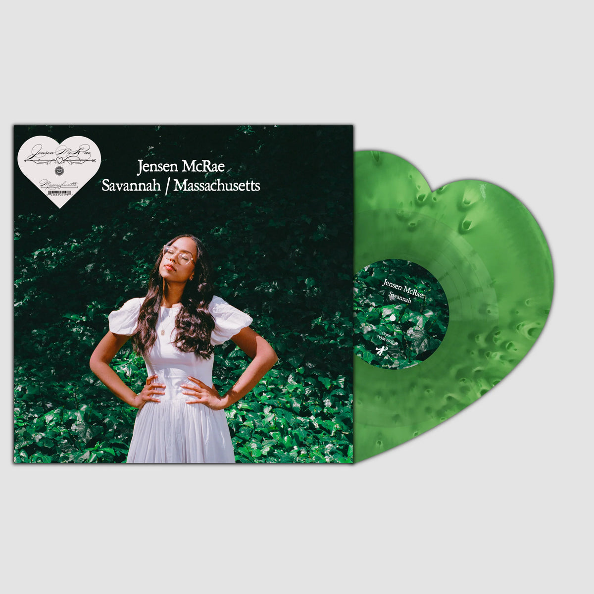 Jensen McRae Massachusetts / Savannah limited edition cloudy green heart-shaped 12" vinyl single mockup