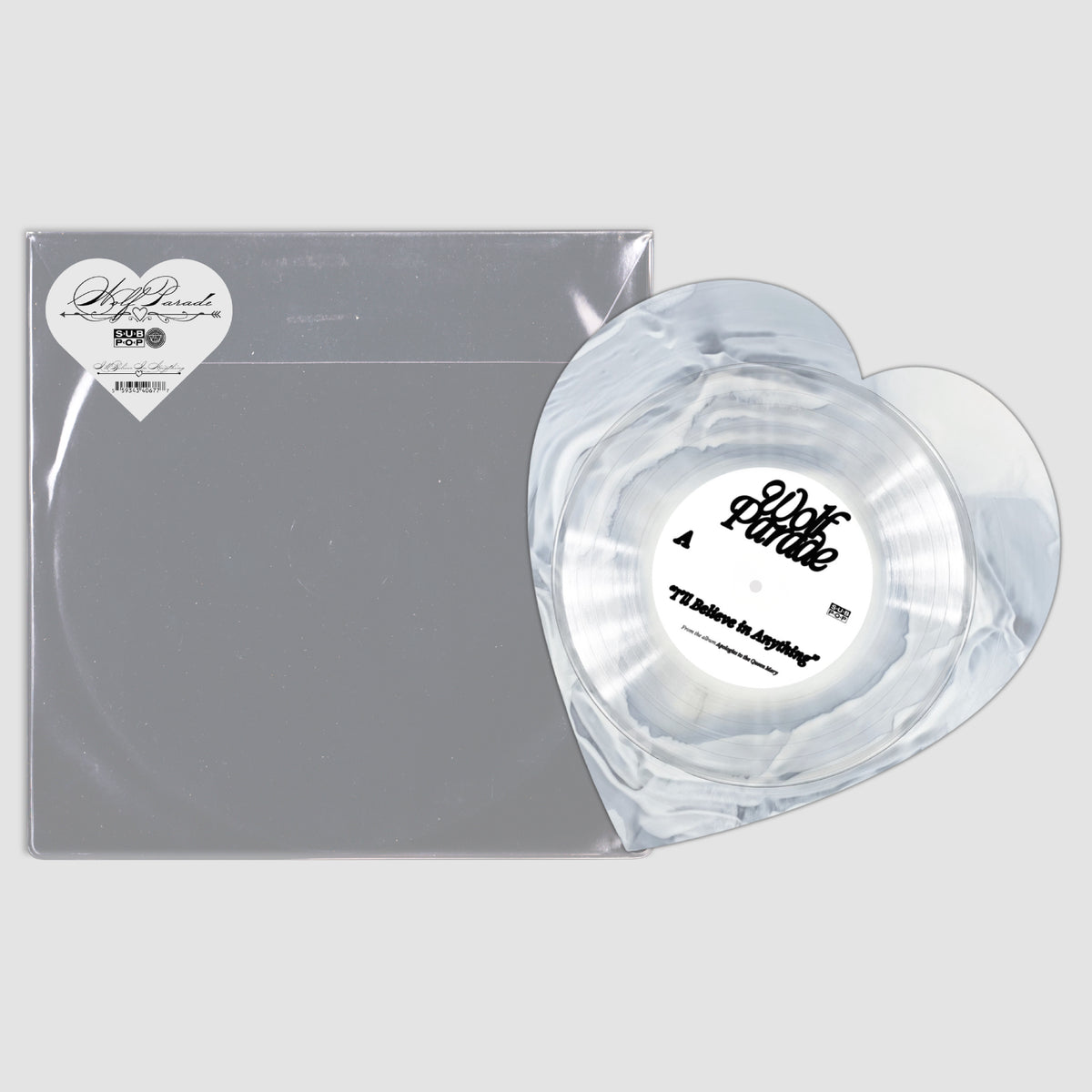 Wolf Parade I'll Believe In Anything limited edition Milky Ripple heart-shaped 7" single mockup