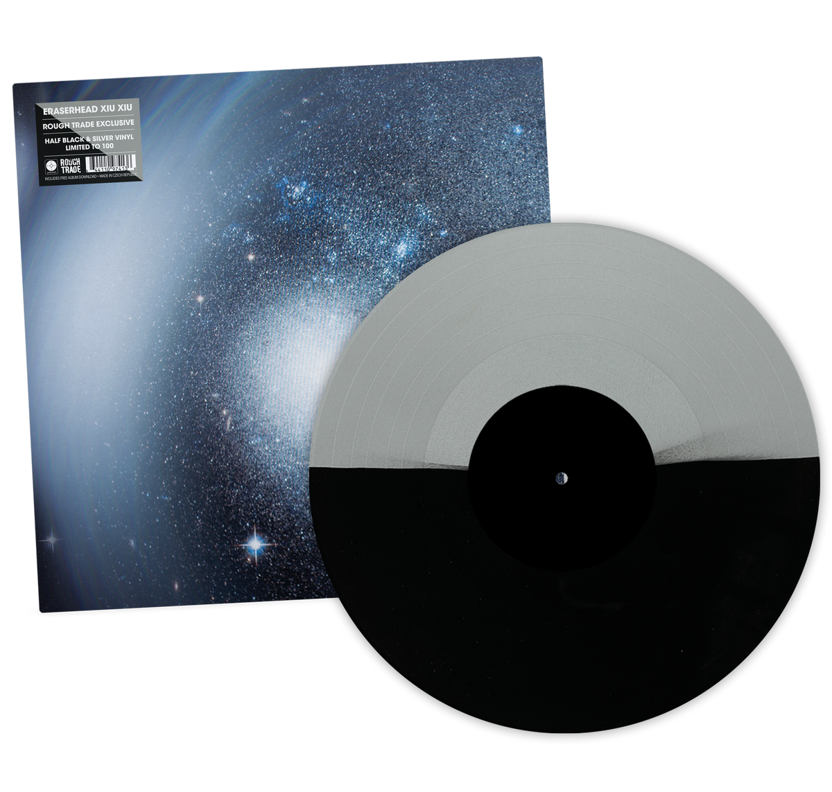 Xiu Xiu Eraserhead Xiu Xiu limited edition half black, half silver vinyl LP mockup