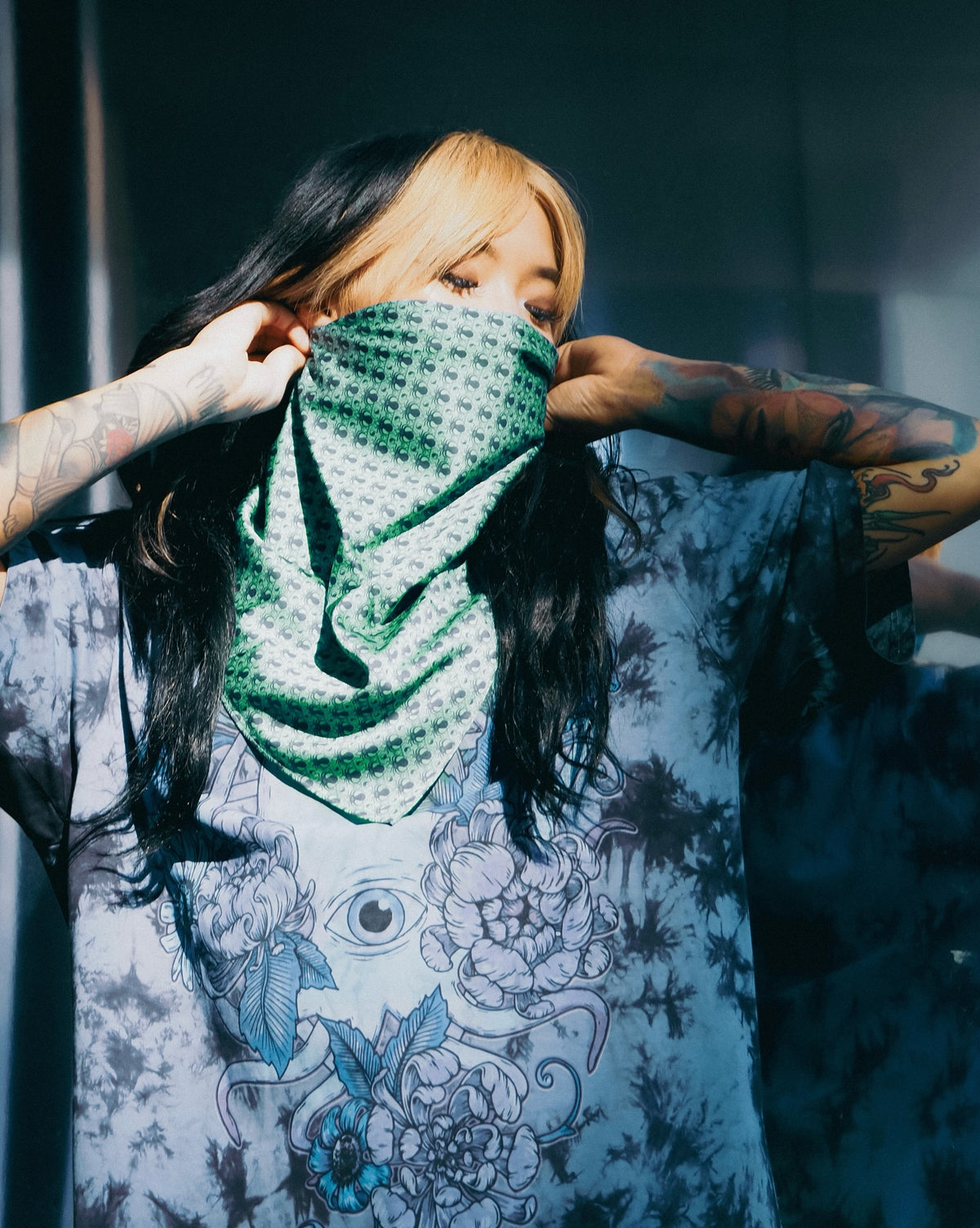Truth Deep Dark & Dangerous blue tie dye t-shirt with squid and chrysanthemum print, worn