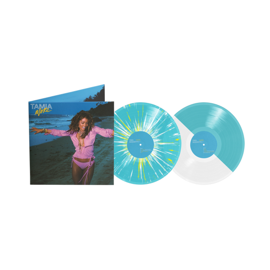 Tamia More limited edition aquamarine splatter and split vinyl 2LP with gatefold mockup