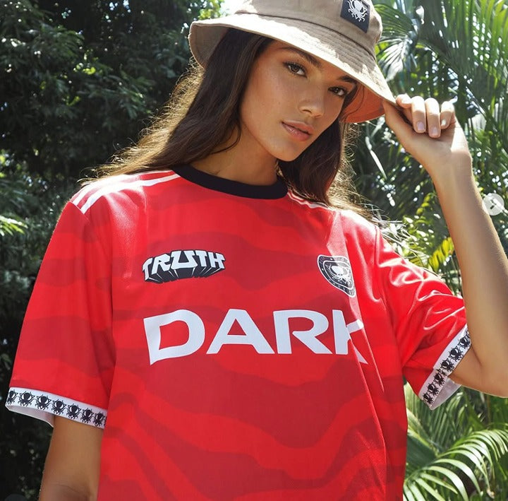 Truth Deep Dark & Dangerous DARK red soccer jersey, worn
