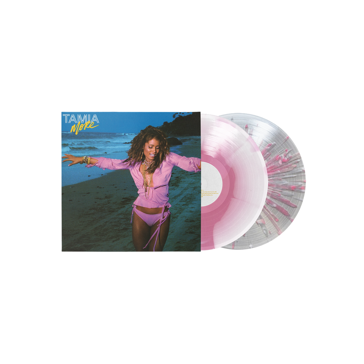 Tamia More limited edition pink swirl + pink splatter vinyl 2LP mockup with cover