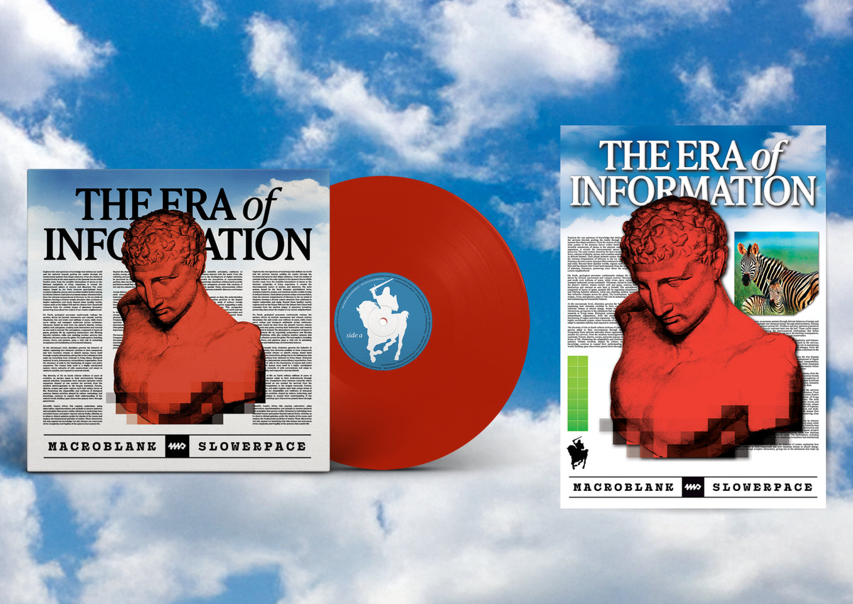 Macroblank, slowerpace 音楽 The Era Of Information limited edition red vinyl LP mockup with poster